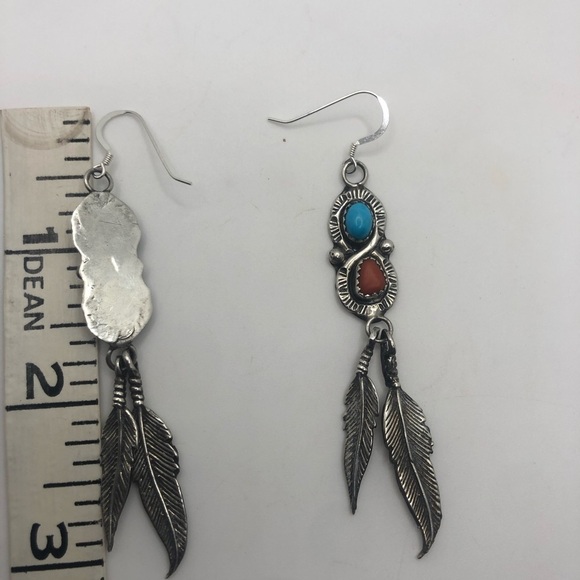 Vtg Navajo Sterling Silver Turquoise Coral Infinity Feather Dangle Earrings 3.1” - Picture 6 of 6